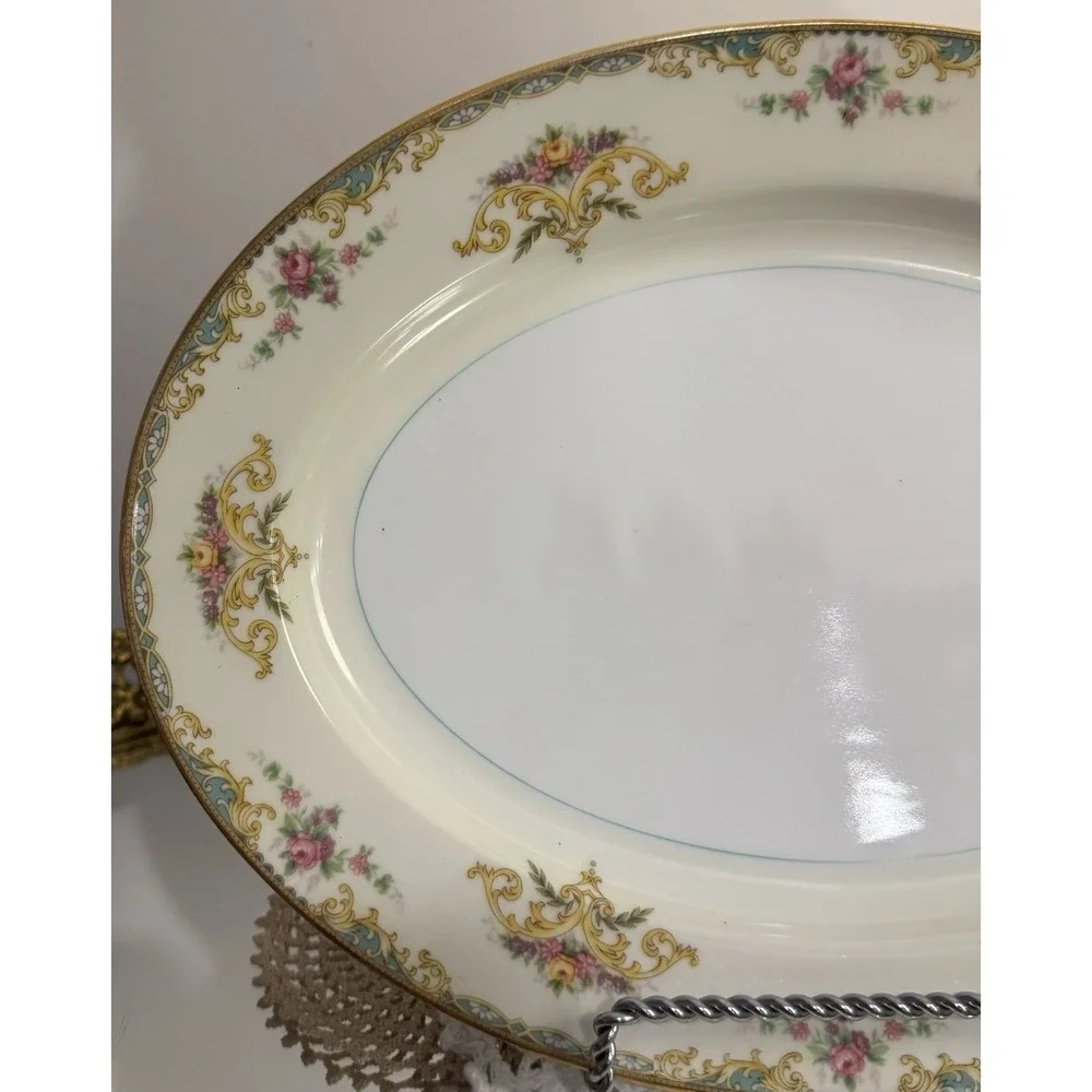 1933 Vintage Noritake Gloria 13 1/2 in Oval Sewrving Platter Green Yellow Floral